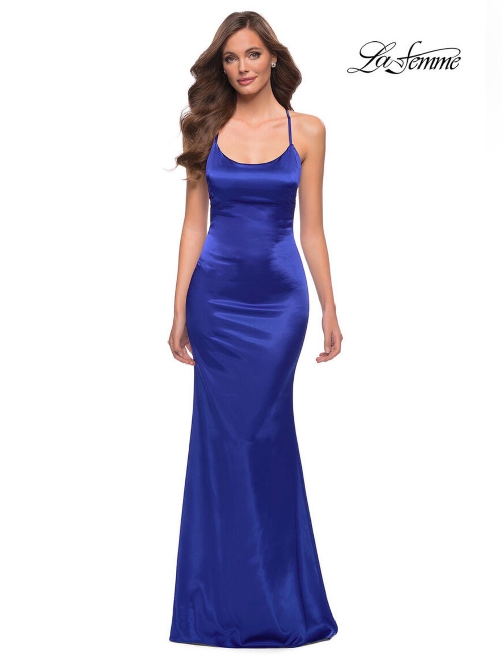 La Femme Cobalt Blue Satin Cowl Slip Gown